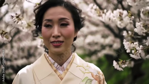 Woman in traditional Japanese dress amidst cherry blossoms