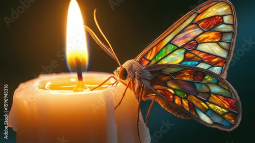 A butterfly perched on top of a candle flame, with intricate details and delicate wings