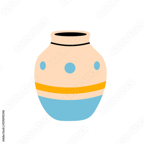 Two-tone beige and blue ceramic vase with dots and wide base on white background