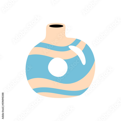 Beige and blue ceramic vase with wavy pattern and white circular design on white background
