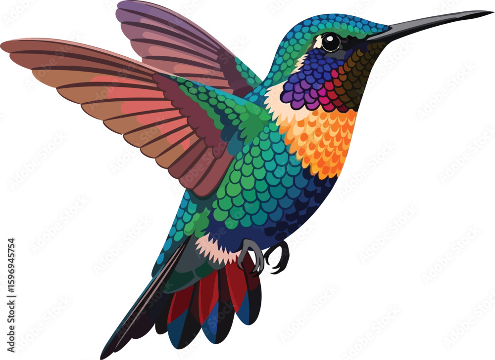 Obraz premium Illustration of a colorful hummingbird with wings spread against a plain white background view