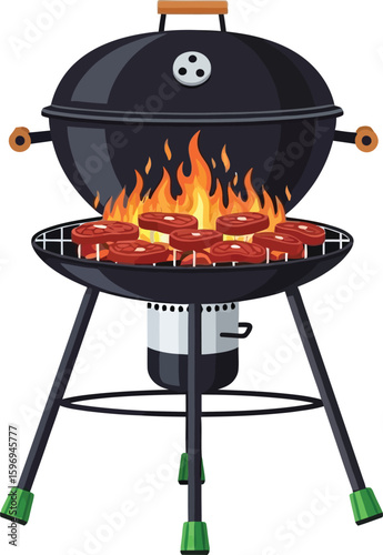 A black charcoal grill with an open lid, flames, and several pieces of meat cooking on the grill grate
