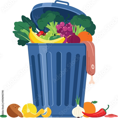 A blue trash can overflowing with various fruits and vegetables against a white background illustration
