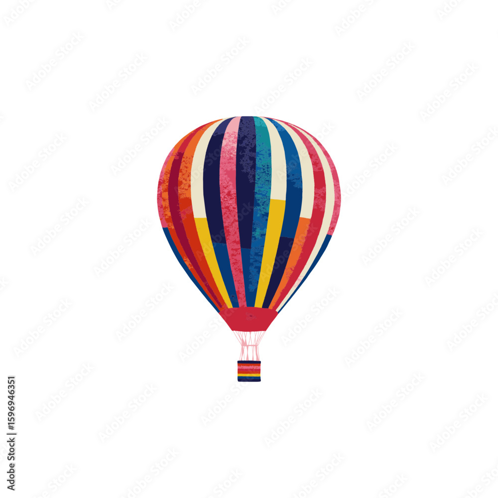 Naklejka premium Bright multicolor hot air balloon with textured segments in flat illustration style on transparent background for travel design, summer posters, and outdoor adventure visuals
