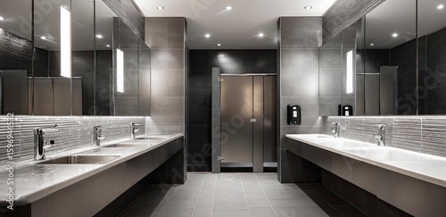 Modern public restroom interior; sleek design, gray tones, tiled walls, and multiple sinks; background shows a stall