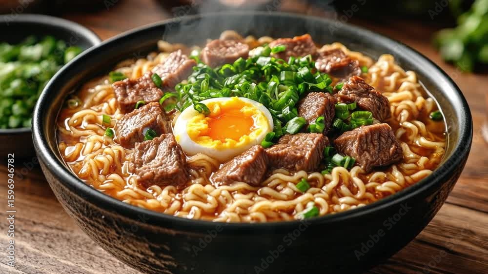 Delicious Beef Ramen Noodles with Soft Boiled Egg