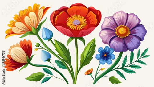 Vector flower icon set brings out classic botanical symbols. Simple flower icons, including poppy and daisy, are shown clearly isolated on white background, suitable for semi-realistic vector illustra