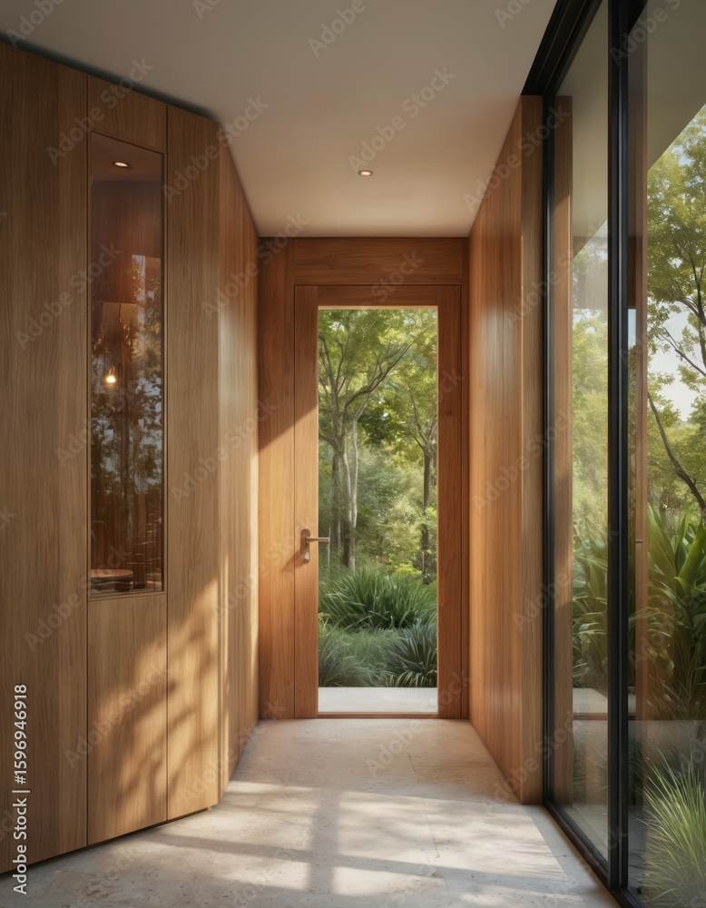 Obraz premium Modern home entrance with natural wood, glass elements. Sleek architectural design connects interior space with lush garden green plants. Inviting minimalist aesthetic offers warmth, light, serenity.