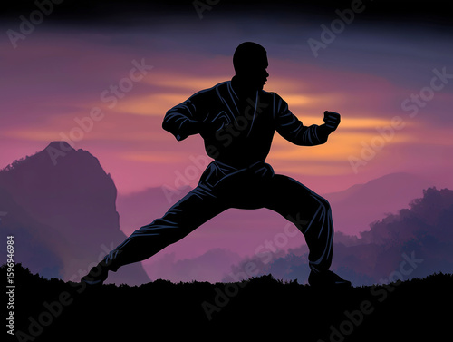 Silhouette of a martial artist in a dynamic pose against a vibrant sunset backdrop, showcasing strength and discipline in a serene mountainous landscape