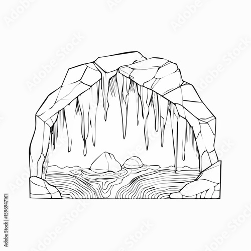 Natural cave interior showing rock layers, dripping formations, and winding chambers, rendered in technical vector style.