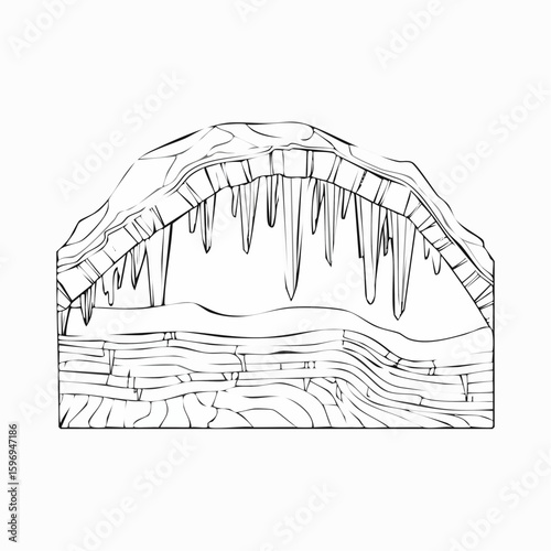 Natural cave interior showing rock layers, dripping formations, and winding chambers, rendered in technical vector style.