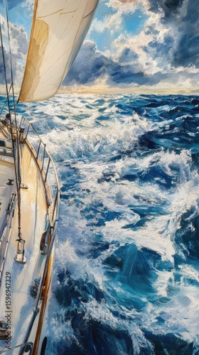 Sailboat races through stormy ocean waves