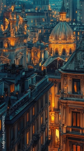 Illuminated cityscape, European architecture, night view.