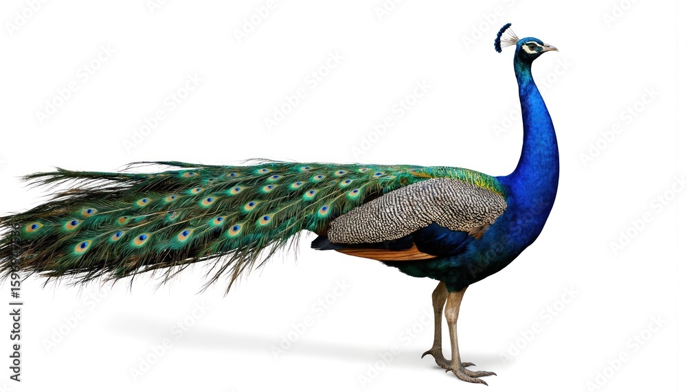 Fototapeta premium Majestic blue peacock stands proudly, vibrant green, blue plumage. Long train features iridescent eye spots. Isolated on clean white background, bird offers stunning close-up of beautiful feathers.