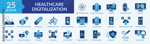 Healthcare digitalization icon collection set with electronic health record, telemedicine, augmented reality, nanotechnology, medical imaging
