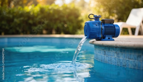 Blue pool pump filters clear water into swimming pool. Modern appliance ensures clean fresh water for backyard recreation. Efficient system for home relaxation, summer vacation.
