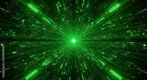 Vibrant green neon lights create a hypnotic tunnel effect with a central bright glow