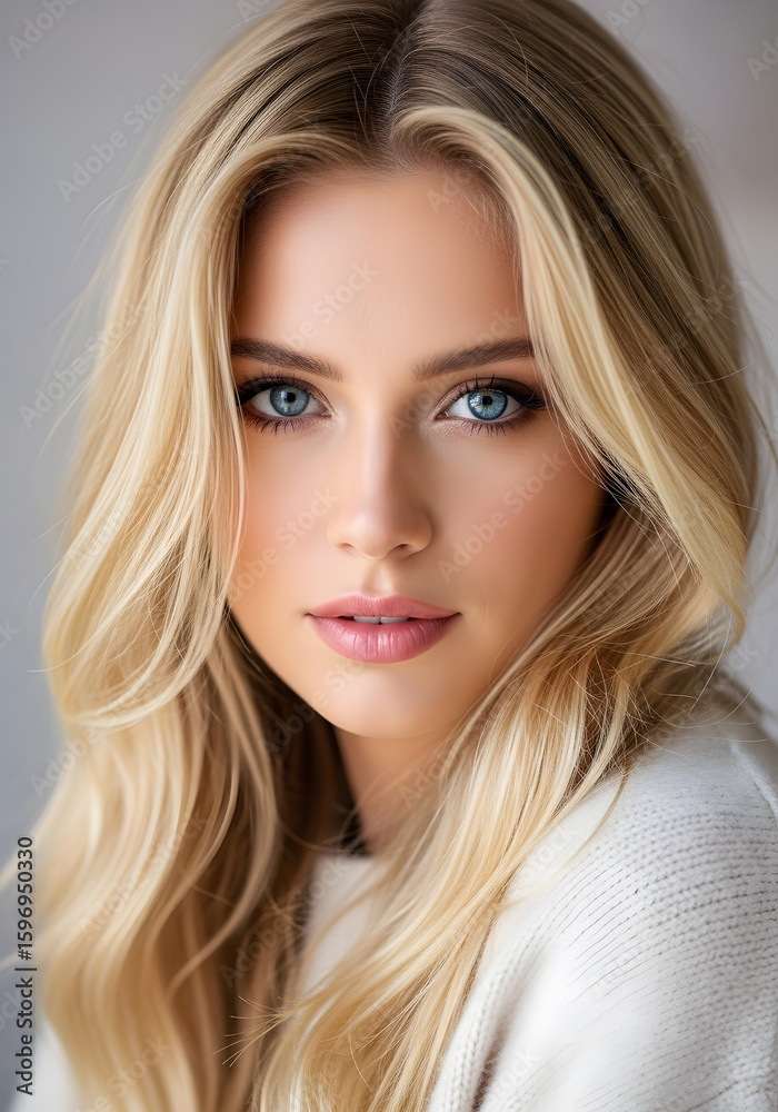 Naklejka premium A woman with long blonde hair and blue eyes is shown with a light pink lip color