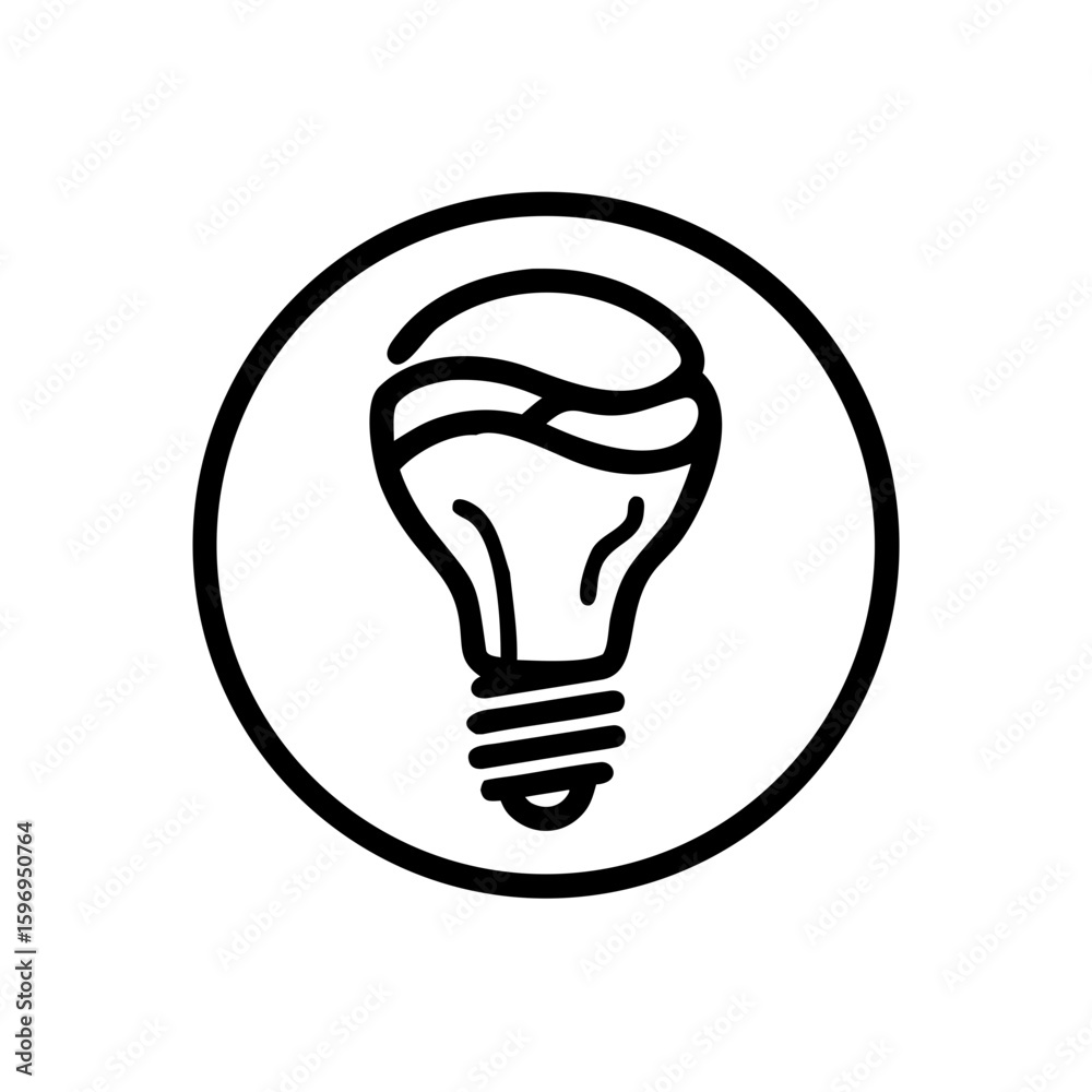 Simple lightbulb inside a circle with a black outline on a white background design element image