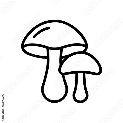 Two fungi outline graphic with smooth caps and stems in a simple black and white line drawing style art