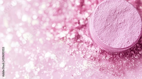 Soft Pink Cosmetic Powder with Sparkling Glitter on Blurred Background