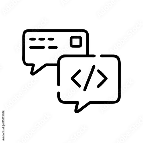 Two speech bubbles with code syntax and text placeholders representing communication on tech topics