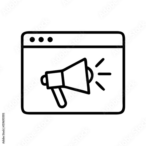 Webpage displaying a megaphone symbol for announcements and promotions online reaching a wide audience