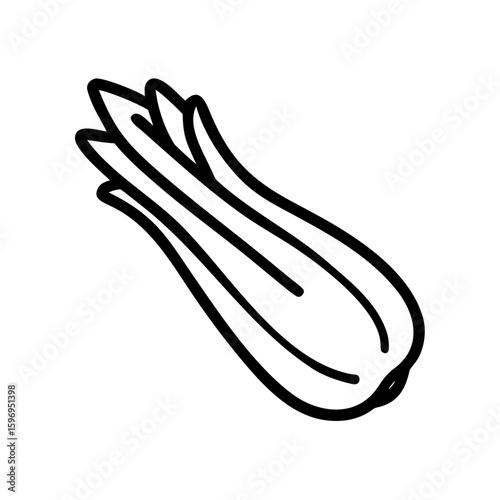 Outline drawing of a single stalk of celery with leaves, simple black and white graphic design style element