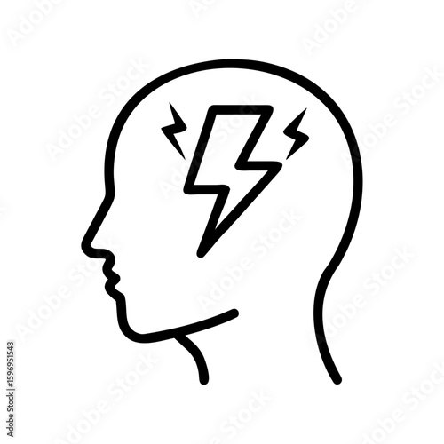 Human head profile with lightning bolts inside representing mental activity and energy flow concept