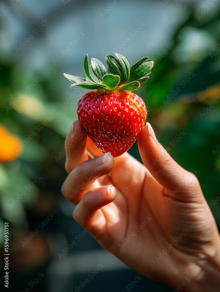 Obraz premium Hand holding a ripe red strawberry in bright sunlight with green background blur