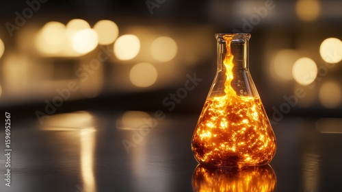 Bright Orange Liquid in Glass Flask with Sparkling Bokeh Background