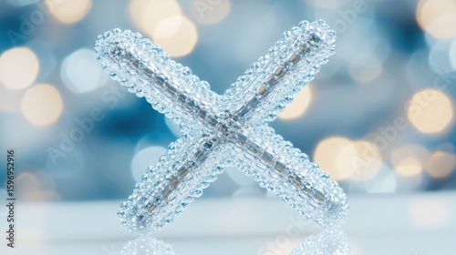 Clear Crystal X Sculpture on Blurred Background with Bokeh Lights