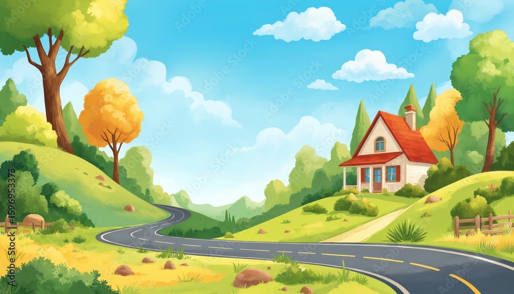 Fototapeta premium Vibrant illustration of peaceful countryside scene featuring charming house on hill, winding road, green trees under bright blue sky with fluffy clouds. Perfect for educational materials,
