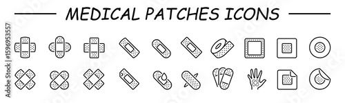 Vector icons medical bandage. Adhesive tape for treatment of light skin cuts, postoperative sutures. Band-aid for skin injuries and wounds. Thin line black set. Stock illustration.