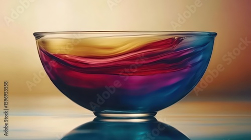 Colorful Glass Bowl with Swirling Patterns and Reflections