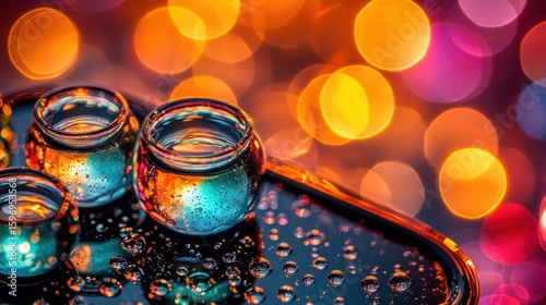Colorful Glass Bowls Reflecting Light with Bokeh Background