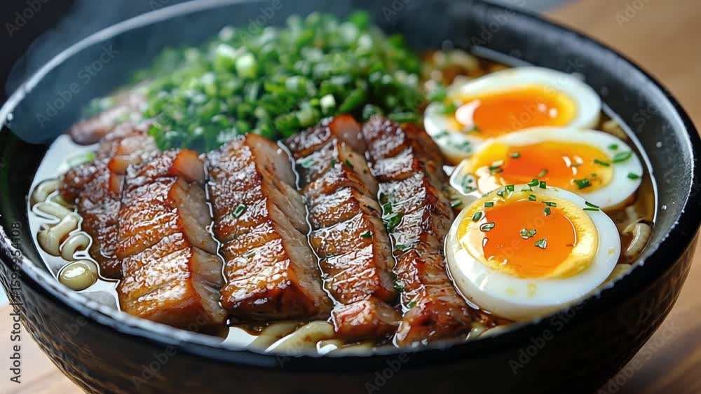 Delicious Ramen Bowl with Chashu Pork and Soft Boiled Eggs