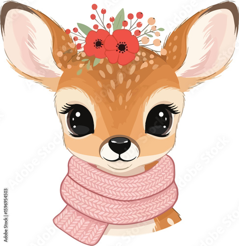 Illustration of a deer with a pink scarf and flowers on its head on a white background