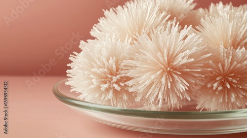 Delicate Decorative Objects on Glass Plate Against Soft Pink Background