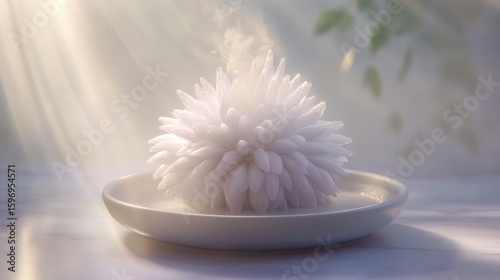 Delicate White Floral Sculpture on Plate with Soft Light Background