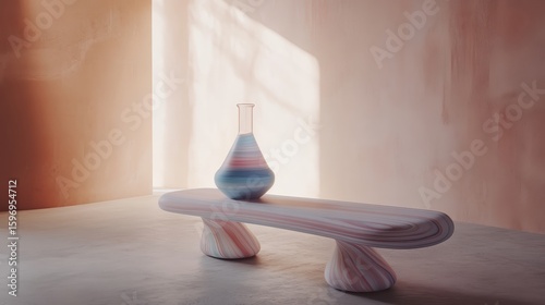 Elegant Abstract Display with Colorful Vase on Smooth Bench