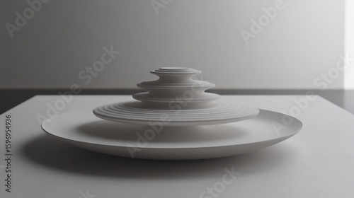 Elegant Minimalist White Plates in Layered Design on Neutral Background