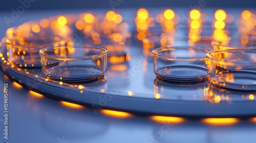 Elegant round display of glass bowls with glowing ambient light