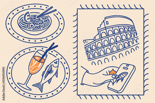 Fototapeta Naklejka Na Ścianę i Meble -  Italian style vacation hand drawn post stamps in doodle sketch style. Summer Italy holidays elements for poster, placard or postcard prints. Italian Amalfi Sicily beach vector illustration patterns. 