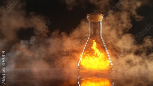 Fiery Experiment in Laboratory Flask with Steam and Smoke Effects