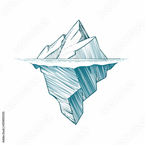 Floating iceberg with detailed submerged bulk and sharp surface contrast, shown in technical vector cross-section.