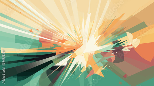 Abstract burst of light and color, radiating from a central point with geometric shapes and overlapping translucent layers.