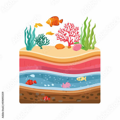 Underwater coral reef cutaway with fish, sand, coral growth, and rock formations drawn in vector linework.