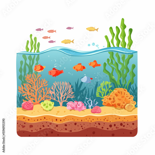 Underwater coral reef cutaway with fish, sand, coral growth, and rock formations drawn in vector linework.