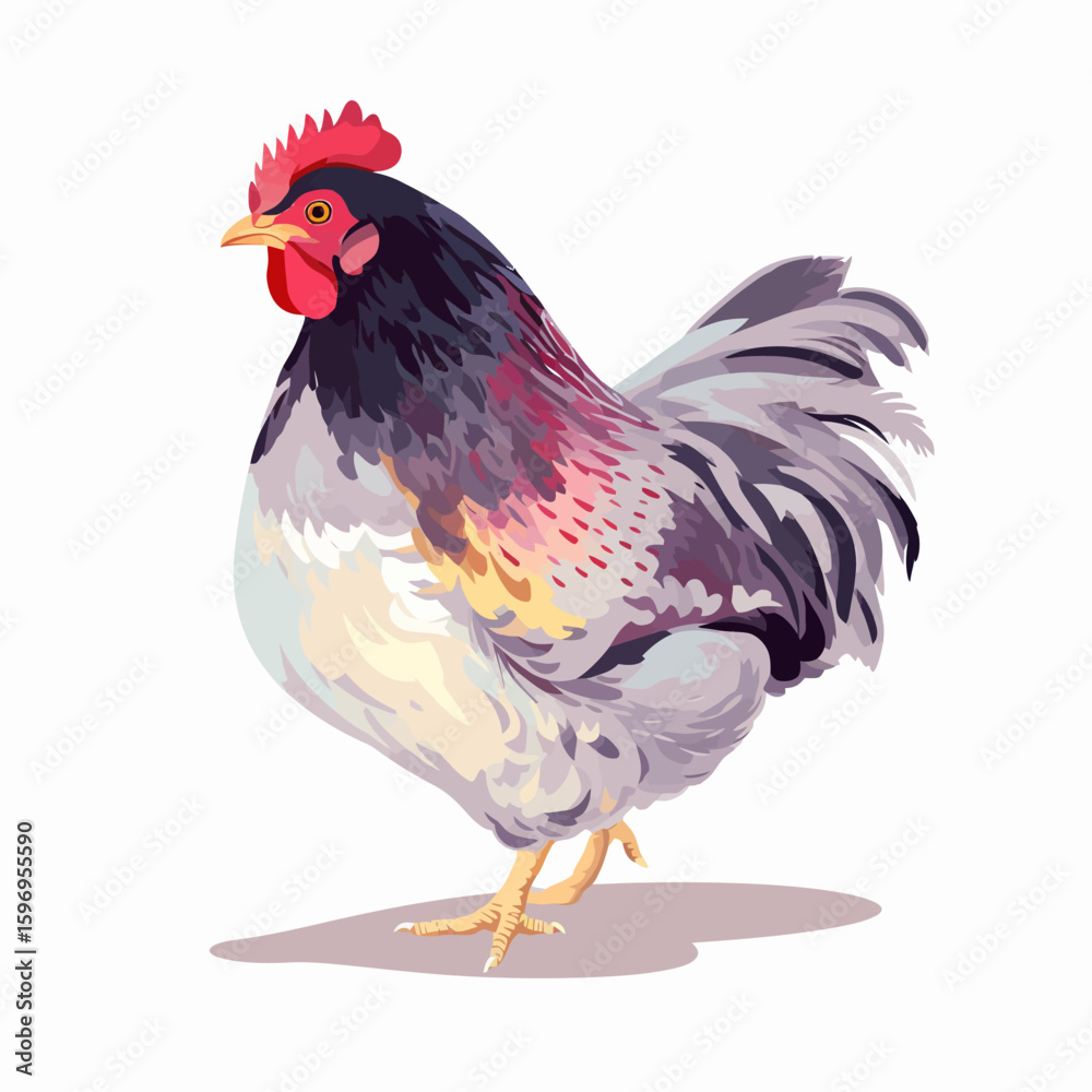 Fototapeta premium Illustration of a colorful rooster standing on a white background, showcasing its vibrant plumage and distinctive features.